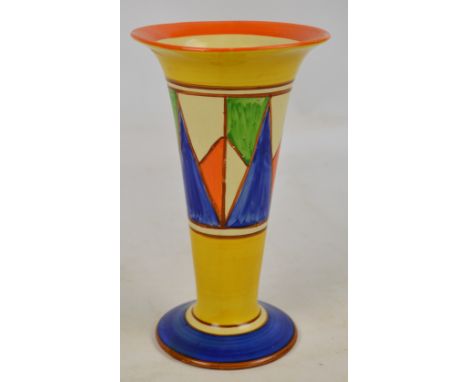 CLARICE CLIFF; a c.1930s Bizarre trumpet vase in geometric pattern with circular foot, orange rim and brightly painted, with 