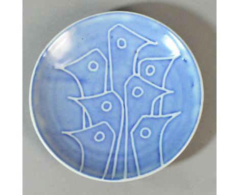 DAVID LEACH (1911-2005) for Sandefjord Pottery, Norway; a shallow stoneware dish decorated with nesting birds on a sky blue g