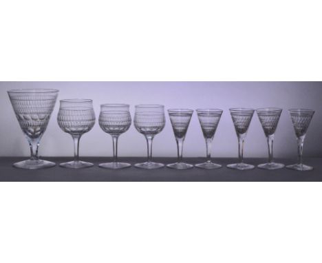 JAMES POWELL WHITEFRIARS; a collection of Roman cut glasses designed by Harry Powell including a large glass with conical bow