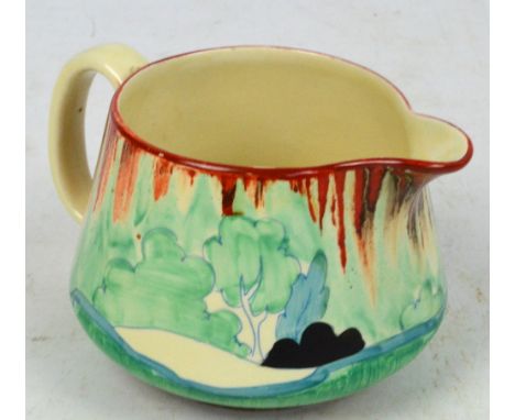 CLARICE CLIFF FOR ROYAL STAFFORDSHIRE; a honey glaze jug decorated in the "Forest Glen" pattern, printed marks to base, heigh