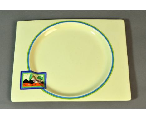 CLARICE CLIFF FOR ROYAL STAFFORDSHIRE; a Bizarre "The Biarritz" sandwich plate, with recessed central section and vignette of