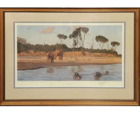 A large framed pencil signed limited edition 603/1000 lithograph 'Evening on the Galana' by Antony Gibbs with gallery impress