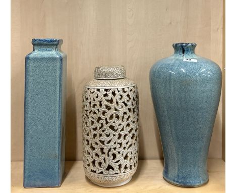 Two large Chinese ceramic vases and a pierced jar and lid A/F, tallest. 42cm.