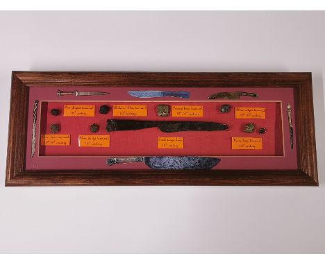 A case of 16thC knife and dagger related items, case size 47 x 18cm. Prov. the Bruce Wale collection.