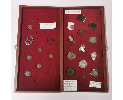 A case of mixed early coins and other items, case size 38 x 20cm (only two drawers with contents). Prov. the Bruce Wale colle