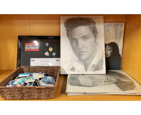 A collection of music related items including five signed guitar picks by Taking Back Sunday. With further Elvis fridge magne