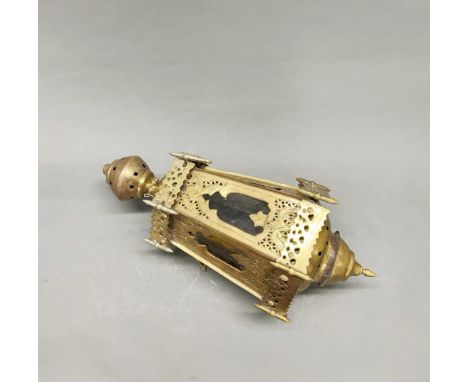 A north African style brass hanging porch lantern, H. 43cm.