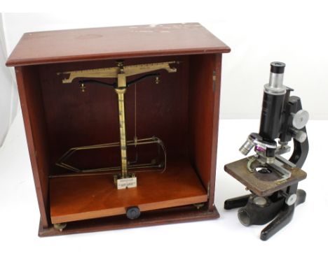 A George &amp; Becker Ltd mahogany cased scientific balance scales, height 38cm, and a Watson Barnet Service II vintage micro