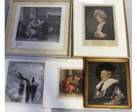 Six 19th century and later prints to include an engraving of the David Wilkie, 'Rent Day', 36.5 x 61cm , framed and glazed, a