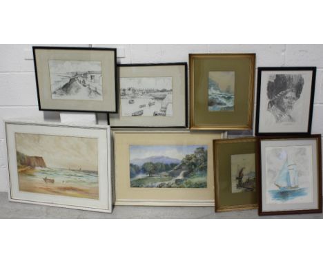 Eight paintings and prints to include 'Porthlevin', 'Cemaes Bay Anglesey', watercolour landscapes, maritime scenes etc (8).