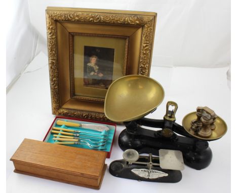 A pair of modern Air Weight letter balance postal scales and a series of Imperial weights and two rod iron die stamps, a cast