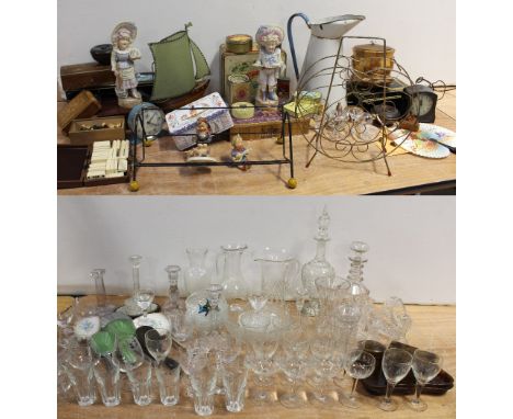 A mixed lot of glass to include decanters, bowls, dishes, drinking glasses etc, also ceramic figures, boxes, tins etc. CONDIT