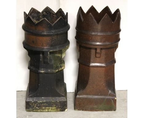 Two 19th century ceramic chimneys, one of slight elliptical form with crown shaped top and canted corners to a square base, h