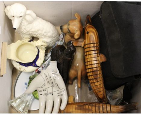 A mixed lot to include figurine of a poodle marked 'CFH' to base, a Victorian jug, brass dog, two handmade wooden dolphins, a