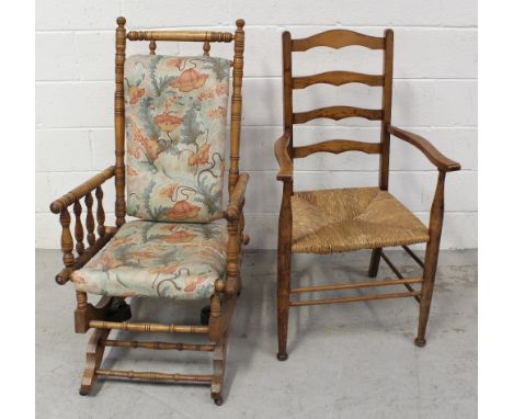 An American bobbin turned rocking chair on spring base, and a rush seat shaker style ladder back kitchen chair, height 102cm 