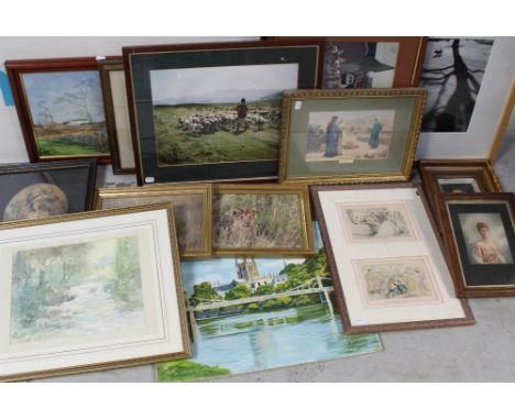 A quantity of paintings and prints to include a framed oil painting of a gentleman.