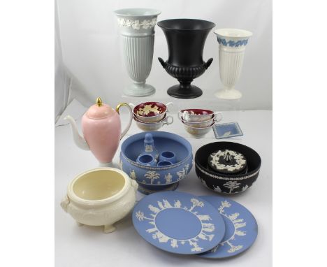 A collection of Wedgwood to include black basalt Jasperware powder pot and punch bowl, a powder blue Jasperware pedestal bowl