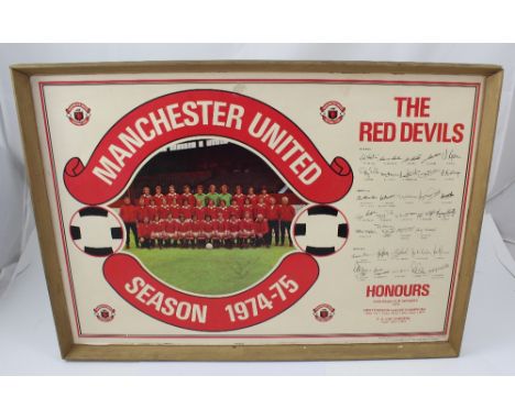 A 1970s Manchester United team poster signed by the team, signatures to include Macary, Forsyth, Young, Nicholl, Docherty, Ca