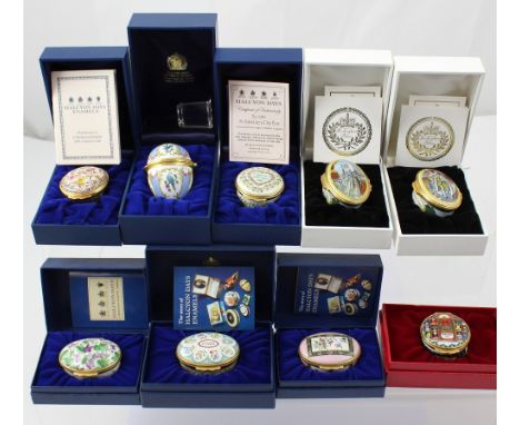 A collection of Halcyon Days enamel patch boxes with examples from the V&amp;A, The Metropolitan Opera, a 1989 St Valentine's
