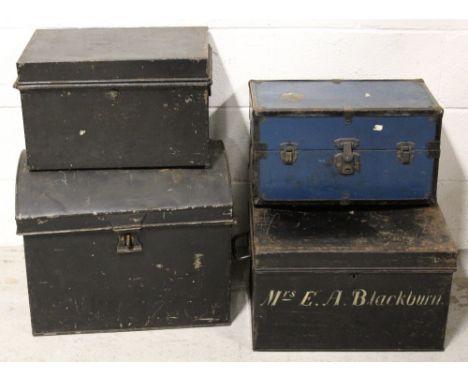 Four vintage metal chests to include a black painted dome topped example, a black security box inscribed 'Mrs E.A. Blackburn'