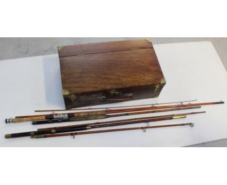 A vintage wooden toolbox c1930, marked 'Ikin' to the interior, an Allcocks split can course rod, and two other similar exampl