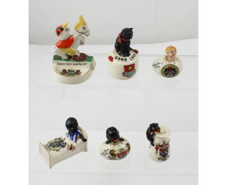 Six rare crested ware ceramics to include pieces by Arcadian, Carlton, and Willow, a blackbird boy relating to Bristol, a whi