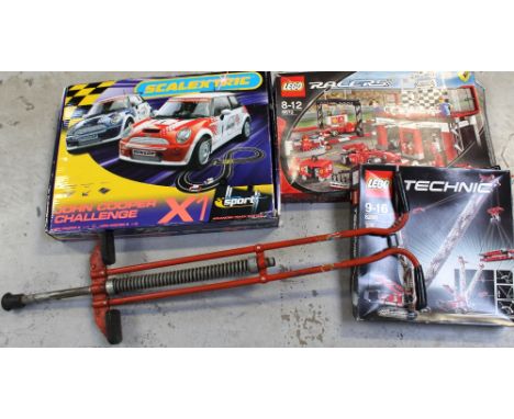 A Scalextric John Copper Challenge Mini Copper S advance track system, a Lego 8672 Racers set, a Lego Technic 8288 set, a c19