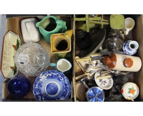 A quantity of ceramics and collectibles to include a vintage set of Lincoln weighing scales, a Poole turquoise ground jug, a 