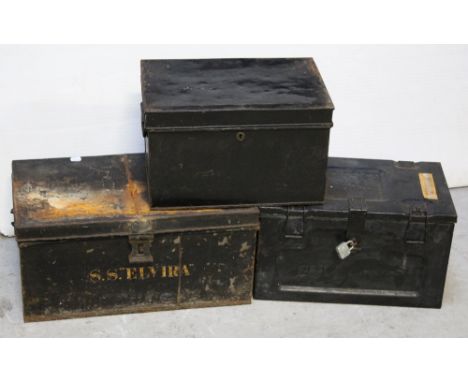 Three vintage black metal storage/safety boxes (3).