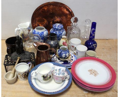 A mixed lot of metalware, ceramics and glass to include lead crystal decanters, pressed glass bowl, a hand raised copper char