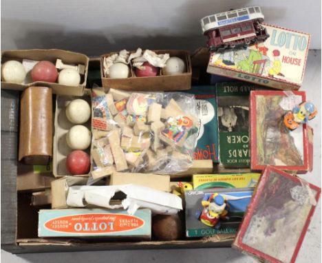 A quantity of vintage toys and games to include 'Lotto' or 'House', a small jigsaw puzzle, a wooden jigsaw puzzle, various bo