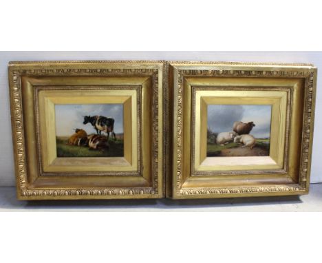 UNATTRIBUTED; a pair of decorative oil on board paintings, one of two recumbent dairy cows and one standing on a patch of gra