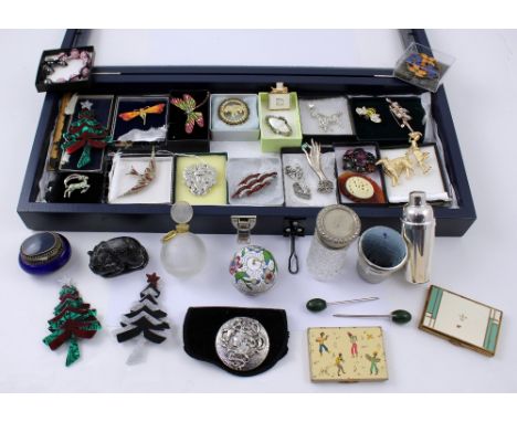 A small bijouterie case containing various brooches to include silver, marcasite and enamelled example in the form of a swall