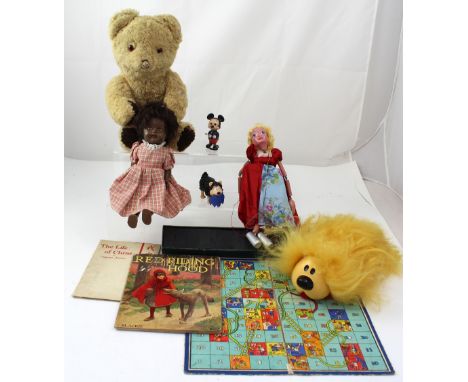 A c1960s Roddy walking doll, a vintage growling bear (lacking growl), a set of dominoes, two wind-up toys, Mickey Mouse and D