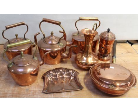 A mixed lot of metalware to include copper kettles and a jug, also brass candelabra and a small quantity of pewter mugs.