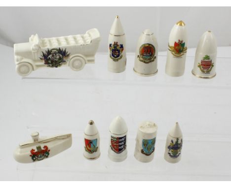 Ten WWI related crested ware pieces to include examples by Arcadian, Shelley, Alexandra and Warwick, various shells related t