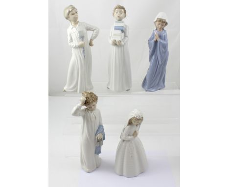 Five Lladró Nao figures to include boy in nightgown with fly swat, boy in nightgown with pile of books, boy in nightgown with