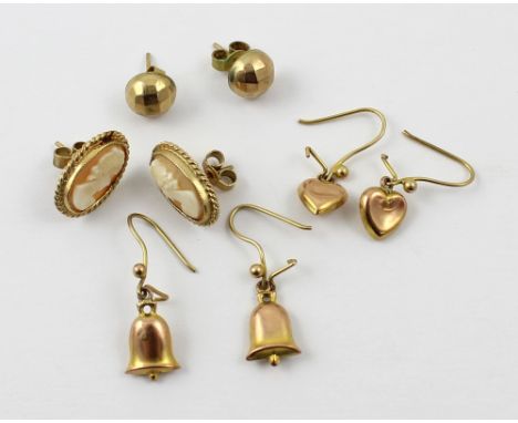 A pair of yellow metal mounted shell cameo earrings, and three pairs of gold vintage drop and stud earrings 94).