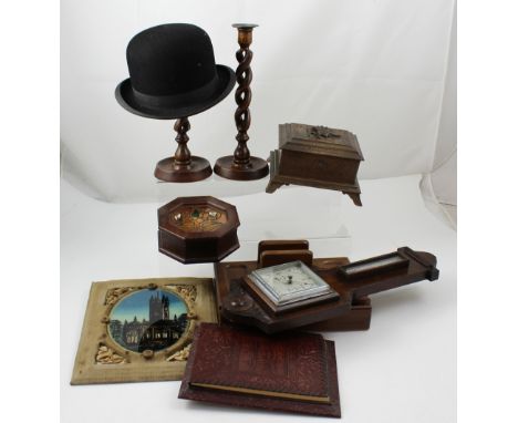 A mixed lot of collectors' items to include carved Black Forest box, oak barometer, candlesticks, top hat, bowler hat etc.