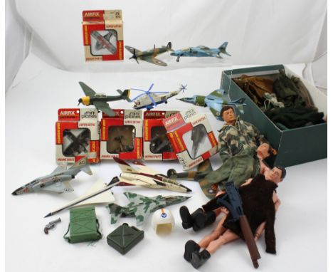 A collection of vintage Action Men, accessories and clothes, a quantity of diecast metal planes by Dinky Toys and a quantity 