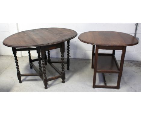 A mid-20th century oak drop-leaf table on barleytwist support, height 73cm and another with square chamfered legs, single she