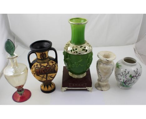 An onyx baluster vase, a copy of a Greek vase, as exhibited in the Cyprus museum, an Oriental baluster vase, white ground dec
