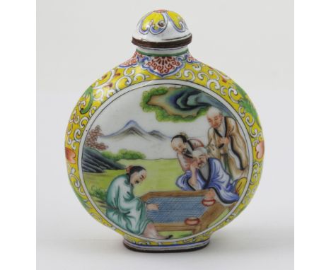 A 20th century enamel Oriental snuff bottle decorated with figures playing checkers within a scrolling arabesque foliate grou