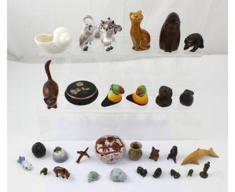A mixed lot to include assorted animal figures and pin dishes, some in wood, some in ceramic, including a Royal Copenhagen fr