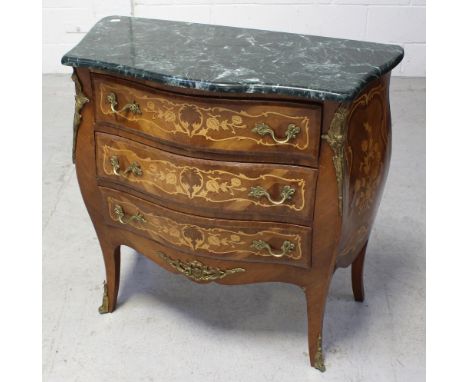 A Louis XV style walnut, kingwood and marquetry inlaid serpentine commode with marble top and gilt metal mounts, width 85cm.