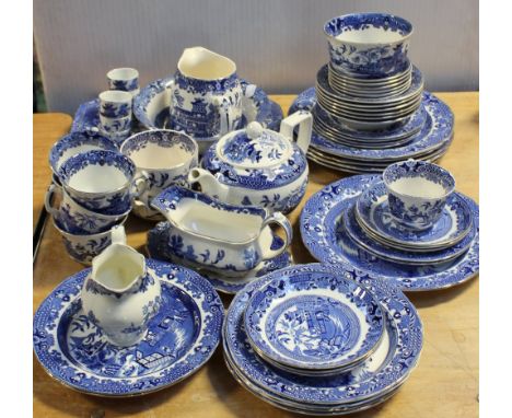 A collection of Burleigh ware blue and white willow pattern ceramics, approximately fifty pieces to include teapot, milk jug,