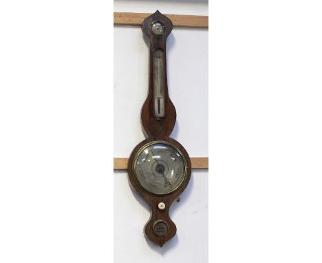 An early 19th century rosewood banjo barometer with subsidiary thermometer and spirit level oculus, height 93.5cm. CONDITION 