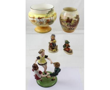 A Royal Doulton wrythen pedestal vase decorated with hunt scenes, height 15cm, a Royal Doulton 'Rustic England' example, two 