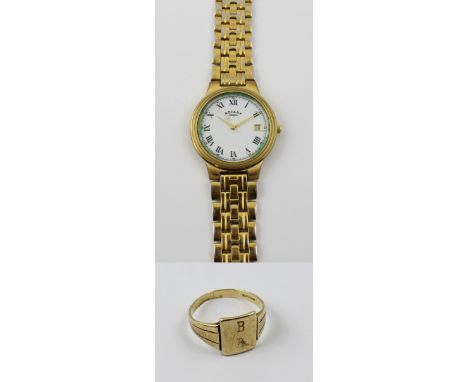 Rotary; a gentlemen's yellow metal wristwatch on bracelet strap the dial set with Roman numerals and date aperture, and a gen