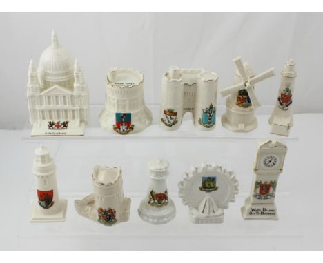 Ten crested ware buildings by Goss, Arcadian, Carlton, Shelley, Alexandra, Willow and Podmore, to include Teignmouth Lighthou